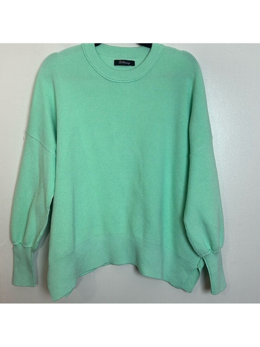 Mint Green Crewneck Drop Shoulder Exposed Seams Oversized Ribbed Knit Sweater